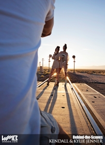 Ultimate Graveyard Mojave Desert Shoot Location - BTS with Kendall Jenner & Kylie Jenner Fashion Photoshoot by Nick Saglimbeni for WMB 3D Magazine on railroad train tracks sunset