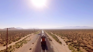 Ultimate Graveyard - Aerial drone shot of the Mojave desert film location featuring working railroad train tracks